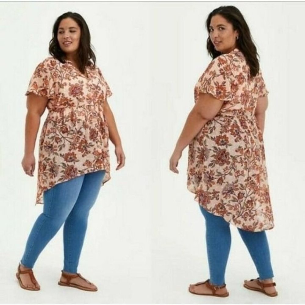 Torrid Lexie Pearl Floral Babydoll Chiffon Hi-Low Tunic Blouse Top Plus‎ 2X
